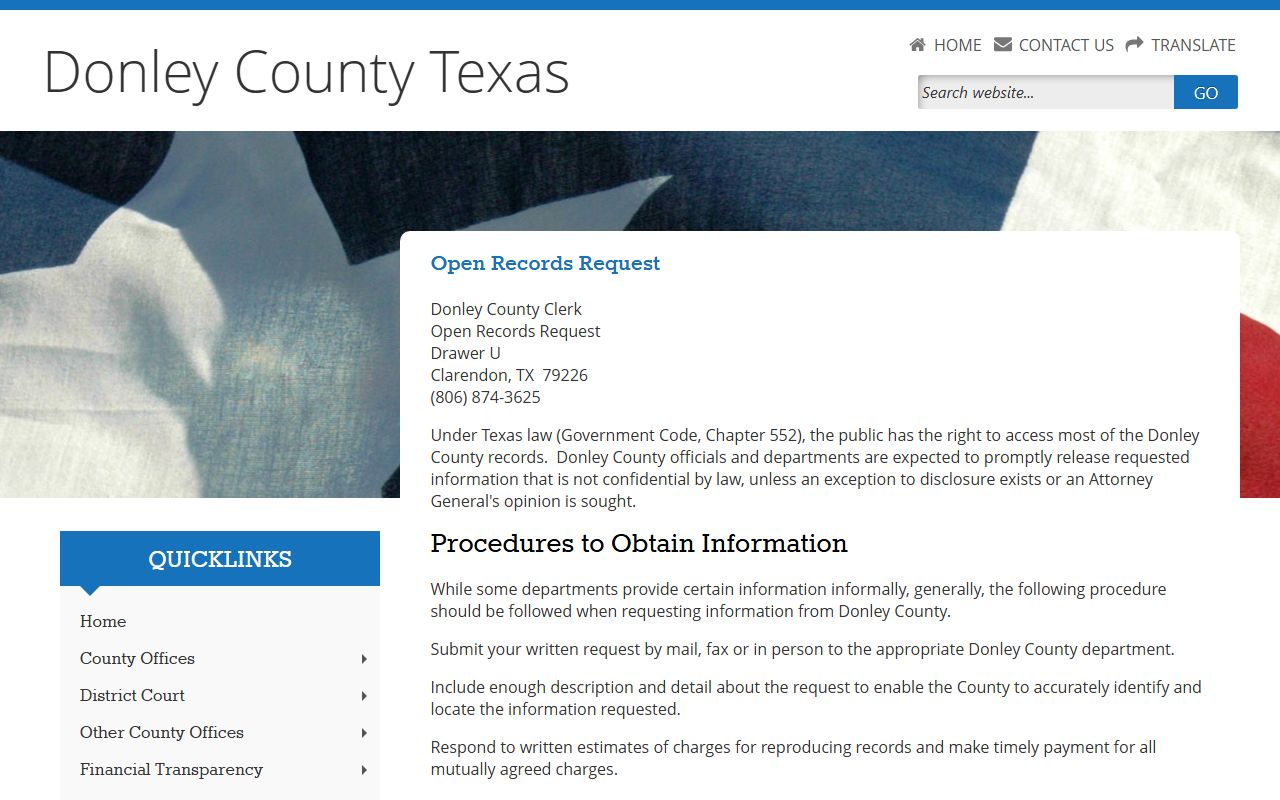 Donley County open records request page for inmate records