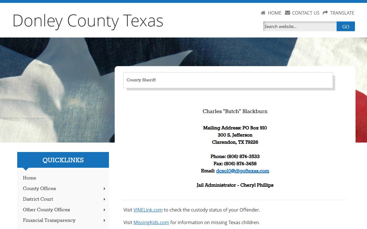 Donley County Sheriff page for jail inmate records